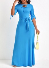 Drawstring Light Blue Belted Maxi Dress