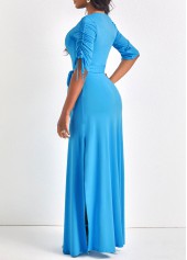 Light Blue dresses,Plain Color dresses,Drawstring Light Blue Belted Maxi Dress