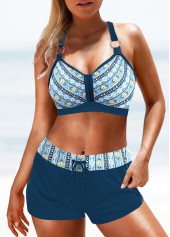 Peacock Blue swimwear,Geometric swimwear,Floral swimwear,ROTITA Metal Ring Peacock Blue Geometric Print Bikini Top