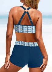 Peacock Blue swimwear,Geometric swimwear,Floral swimwear,ROTITA Metal Ring Peacock Blue Geometric Print Bikini Top