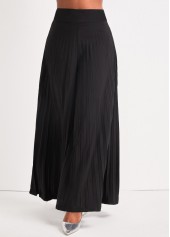 Black bottoms,Plain Color bottoms,Black Elastic Waist Pleated Wide Leg Pants