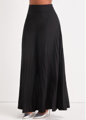 Black bottoms,Plain Color bottoms,Black Elastic Waist Pleated Wide Leg Pants
