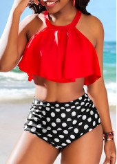 Red swimwear,Black swimwear,Dot swimwear,Ruffle Red Polka Dot High Waisted Bikini Set
