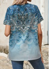 Blue tops,Tribal tops,Paisley tops,Ombre tops,Button Tribal Print Blue Split Neck T Shirt