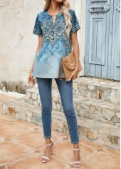Blue tops,Tribal tops,Paisley tops,Ombre tops,Button Tribal Print Blue Split Neck T Shirt