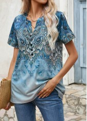 Blue tops,Tribal tops,Paisley tops,Ombre tops,Button Tribal Print Blue Split Neck T Shirt