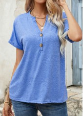 Blue tops,Plain Color tops,Button Blue Split Neck Short Sleeve T Shirt