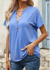 Blue tops,Plain Color tops,Button Blue Split Neck Short Sleeve T Shirt