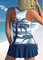 Navy swimwear,White swimwear,Plants swimwear,ROTITA Fake 2in1 Navy Tropical Plants Print Tankini Top