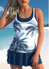 Fake 2in1 Navy Tropical Plants Print Tankini Set