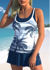 Navy swimwear,White swimwear,Plants swimwear,ROTITA Fake 2in1 Navy Tropical Plants Print Tankini Top