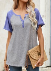 Light Grey tops,Contrast Color tops,Button Light Grey Round Neck T Shirt