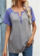 Light Grey tops,Contrast Color tops,Button Light Grey Round Neck T Shirt