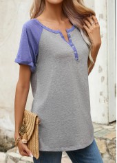 Light Grey tops,Contrast Color tops,Button Light Grey Round Neck T Shirt
