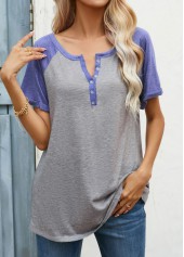 Light Grey tops,Contrast Color tops,Button Light Grey Round Neck T Shirt