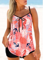 Bowknot Coral Red Tropical Plants Print Tankini Set