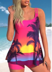 Hot Pink swimwear,Plants swimwear,ROTITA Hot Pink Tropical Plants Print Tankini Top