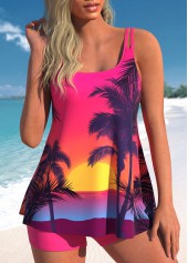 Hot Pink Tropical Plants Print Tankini Set