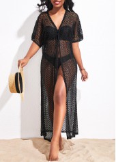 Black swimwear,Plain Color swimwear,Lace Tie Front Black Cover Up