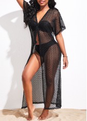 Black swimwear,Plain Color swimwear,Lace Tie Front Black Cover Up