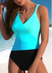 Cyan swimwear,Black swimwear,Contrast Color swimwear,ROTITA Patchwork Wide Strap Cyan One Piece Swimwear