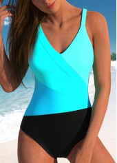 ROTITA Patchwork Wide Strap Cyan One Piece Swimwear