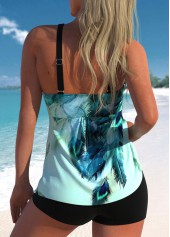 Peacock Blue swimwear,Tribal swimwear,ROTITA Cut Out Peacock Blue Feathers Print Tankini Top