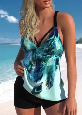 Peacock Blue swimwear,Tribal swimwear,ROTITA Cut Out Peacock Blue Feathers Print Tankini Top