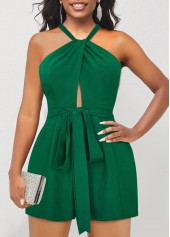 Green jumpsuits & rompers,Plain Color jumpsuits & rompers,ROTITA Tie Green Belted Halter Sleeveless Romper