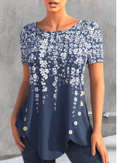 Denim Blue tops,Floral tops,ROTITA Asymmetry Floral Print Denim Blue T Shirt