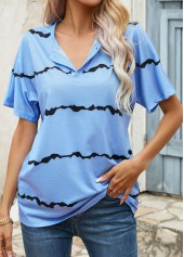 Light Blue tops,Striped tops,Button Striped Light Blue Round Neck T Shirt