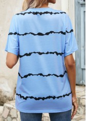 Light Blue tops,Striped tops,Button Striped Light Blue Round Neck T Shirt