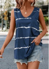 Dark Blue tops,Striped tops,Pocket Striped Dark Blue V Neck Tank Top