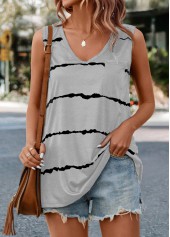 Pocket Striped Light Grey V Neck Tank Top