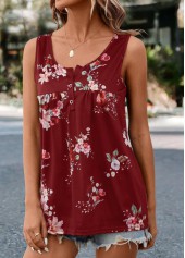 Wine Red tops,Floral tops,Button Floral Print Wine Red Tank Top