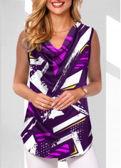 Multi Color tops,Geometric tops,ROTITA Geometric Print Multi Color Draped Neck Tank Top