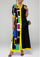 ROTITA Contrast Binding Geometric Print Black Maxi Dress