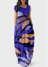 ROTITA Ruched Leaf Print Purple Maxi Dress