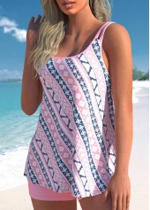 Light Pink swimwear,Tribal swimwear,Striped swimwear,ROTITA Light Pink Double Straps Tribal Print Tankini Top