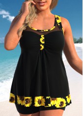Plus Size Patchwork Sunflower Print Black Tankini Set