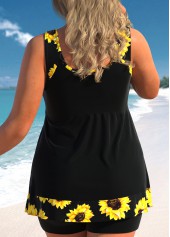 Black plus size,Plants plus size,Floral plus size,ROTITA Plus Size Patchwork Sunflower Print Black Tankini Top