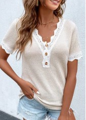 Raw white tops,Plain Color tops,ROTITA Lace Raw White V Neck T Shirt