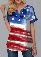 Dark Blue tops,Flag tops,Ombre tops,ROTITA Flag Print Dark Blue Split Neck Blouse