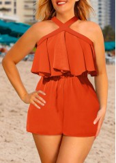 Orange jumpsuits&rompers,Plain Color jumpsuits&rompers,ROTITA Ruffle Orange Short Straight Leg Cross Collar Sleeveless Romper