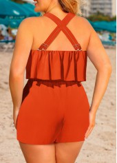 Orange jumpsuits&rompers,Plain Color jumpsuits&rompers,ROTITA Ruffle Orange Short Straight Leg Cross Collar Sleeveless Romper
