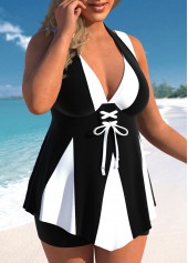 Black plus size,White plus size,Contrast Color plus size,ROTITA Lace Up Black Plus Size Swimdress Top