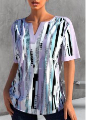 Light Purple tops,Geometric tops,ROTITA Split Geometric Print Light Purple Short Sleeve Blouse