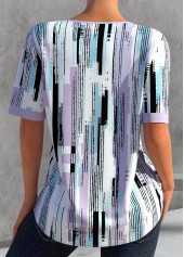Light Purple tops,Geometric tops,ROTITA Split Geometric Print Light Purple Short Sleeve Blouse