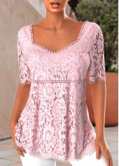 ROTITA Lace Light Pink Heart Collar Short Sleeve Blouse