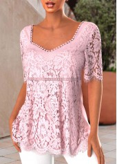 Light Pink tops,Plain Color tops,ROTITA Lace Light Pink Heart Collar Short Sleeve Blouse
